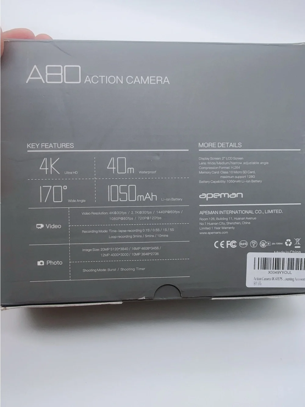 Apeman A80 Action Camera 4K Ultra HD Wi-Fi Control 40m Waterproof Time-Lapse SS2